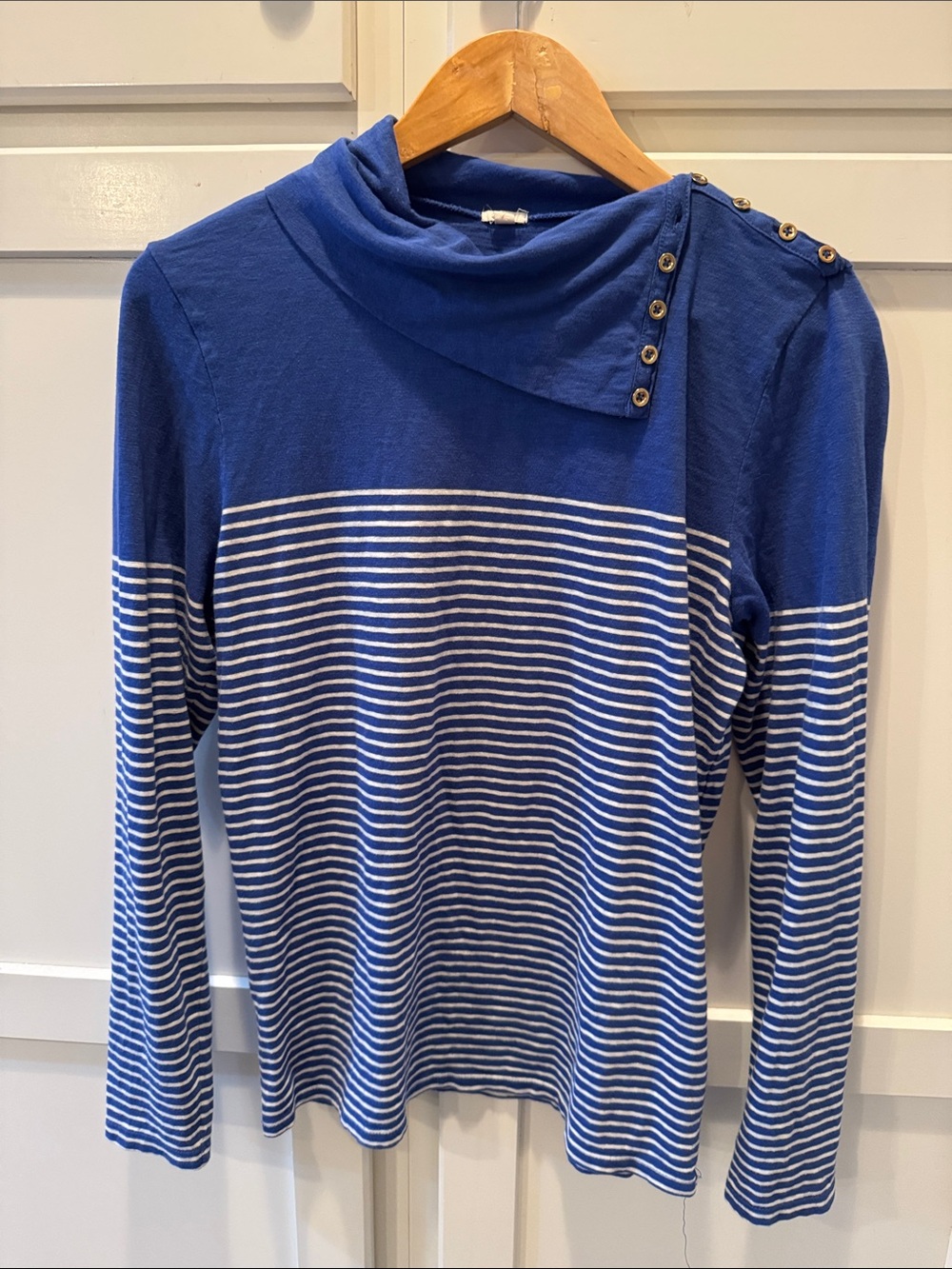 J. Crew Blue and White Striped Long Sleeve Button-Shoulder Top